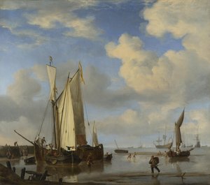 Dutch Vessels Close Inshore at Low Tide, and Men Bathing